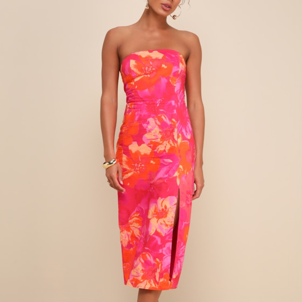 Lulus Bold Tendencies Fuchsia Floral Strapless Cutout Midi Dress Pink - Size M